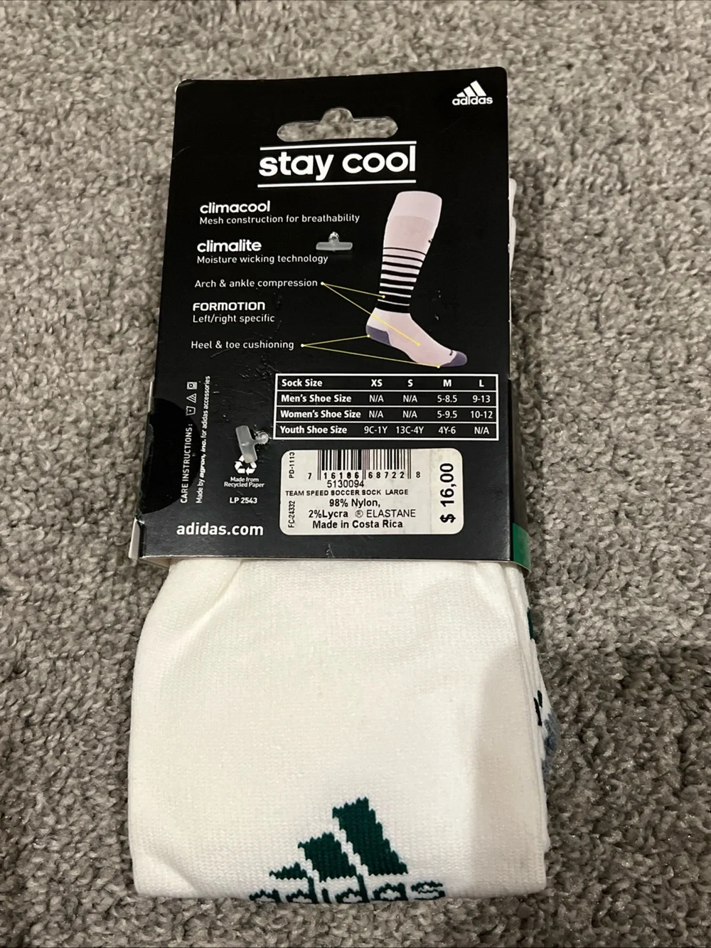adidas large White and Dark Green Striped Soccer Crew Socks NWT